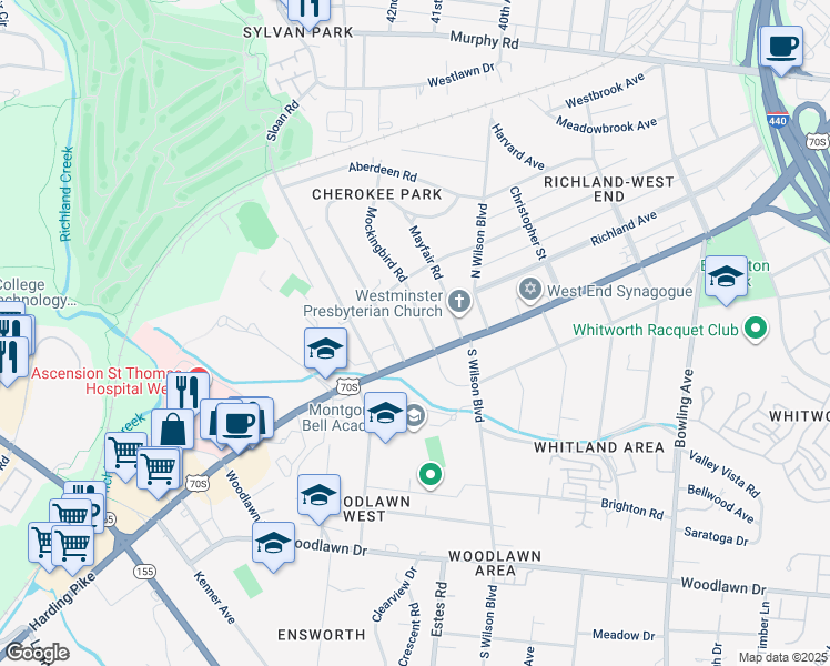 map of restaurants, bars, coffee shops, grocery stores, and more near 107 Mockingbird Road in Nashville