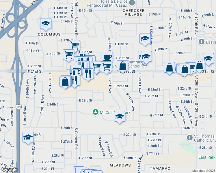 map of restaurants, bars, coffee shops, grocery stores, and more near 2142 South 117th East Avenue in Tulsa