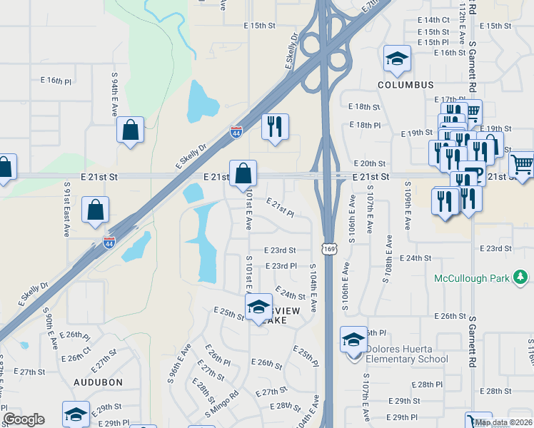 map of restaurants, bars, coffee shops, grocery stores, and more near 10126 East 21st Place in Tulsa