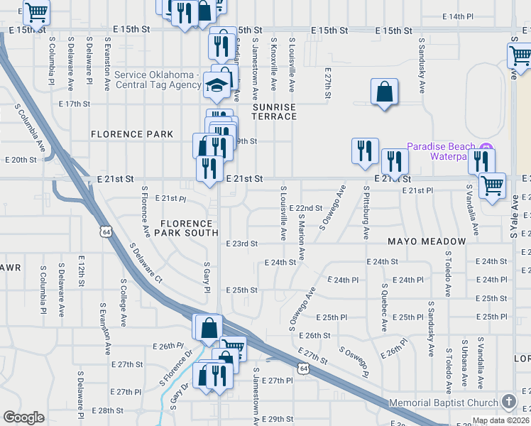 map of restaurants, bars, coffee shops, grocery stores, and more near 3533 East 22nd Street in Tulsa