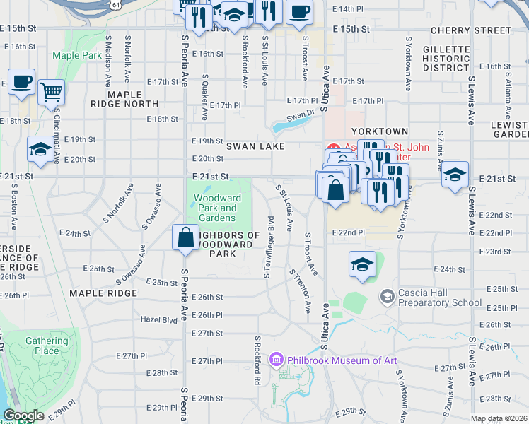 map of restaurants, bars, coffee shops, grocery stores, and more near 2221 South Rockford Avenue in Tulsa