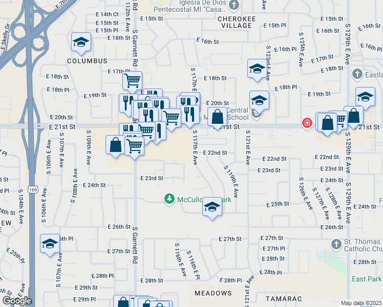 map of restaurants, bars, coffee shops, grocery stores, and more near 2142 South 117th East Avenue in Tulsa
