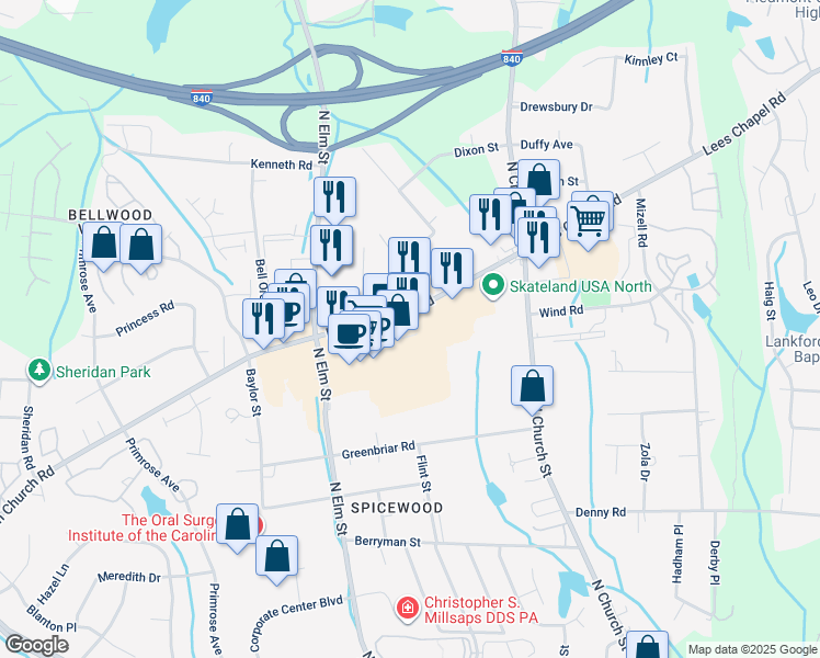 map of restaurants, bars, coffee shops, grocery stores, and more near 301 Pisgah Church Road in Greensboro
