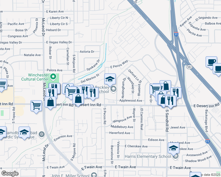 map of restaurants, bars, coffee shops, grocery stores, and more near 3223 Glenhurst Drive in Las Vegas