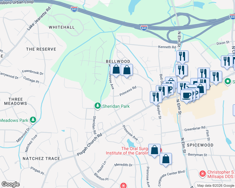 map of restaurants, bars, coffee shops, grocery stores, and more near 730 Princess Road in Greensboro