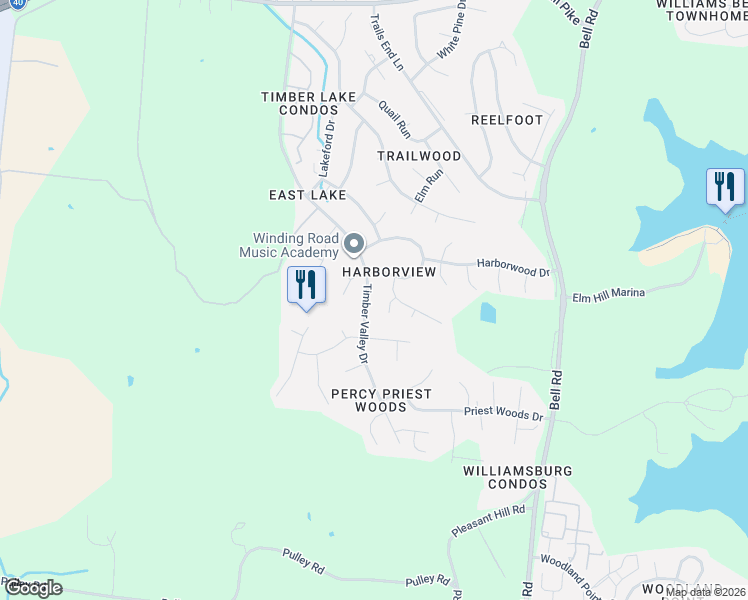 map of restaurants, bars, coffee shops, grocery stores, and more near 1325 Timber Valley Drive in Nashville