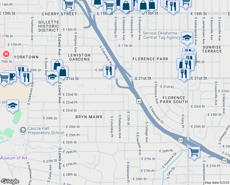 map of restaurants, bars, coffee shops, grocery stores, and more near 2139 South Columbia Avenue in Tulsa