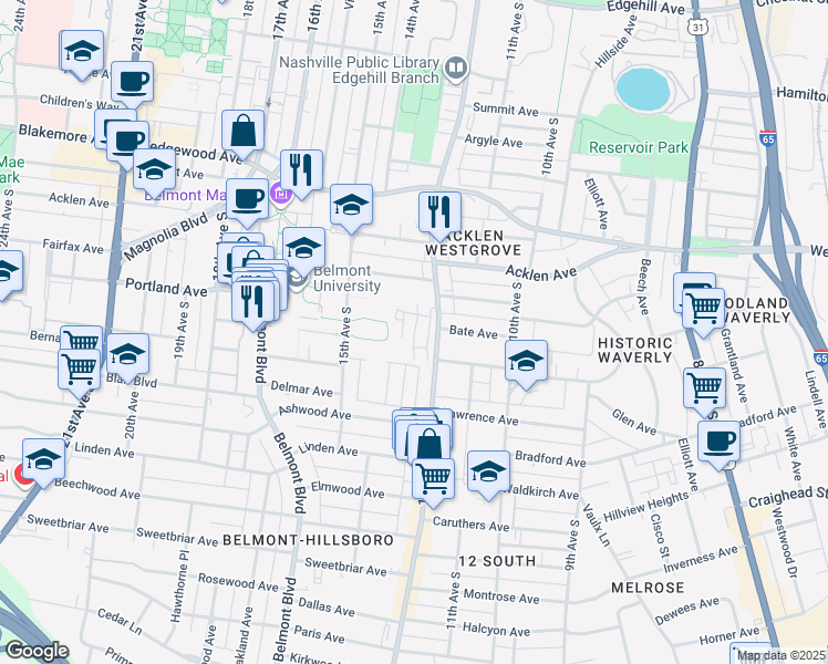map of restaurants, bars, coffee shops, grocery stores, and more near 2101 Bernard Cir in Nashville