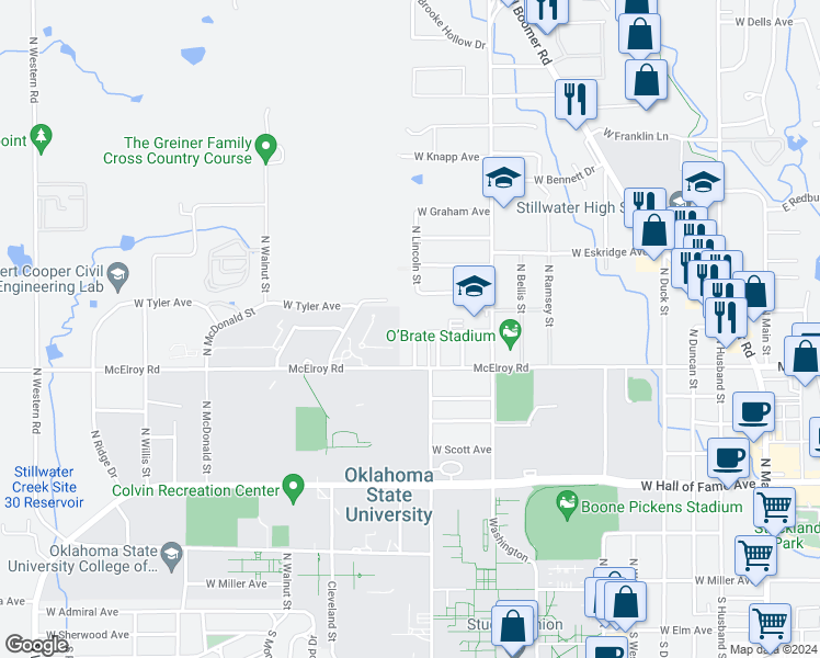 map of restaurants, bars, coffee shops, grocery stores, and more near 1110 West Tyler Avenue in Stillwater