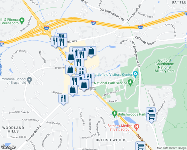 map of restaurants, bars, coffee shops, grocery stores, and more near 3740 Greenes Crossing in Greensboro