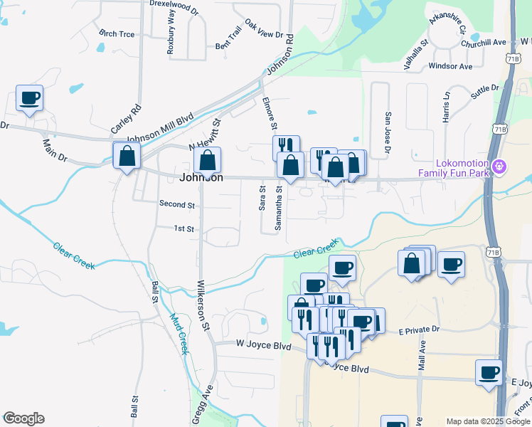 map of restaurants, bars, coffee shops, grocery stores, and more near 5804 Sara Street in Fayetteville