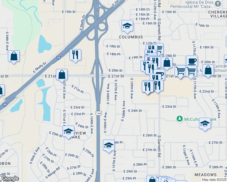 map of restaurants, bars, coffee shops, grocery stores, and more near 2206 South 107th East Avenue in Tulsa