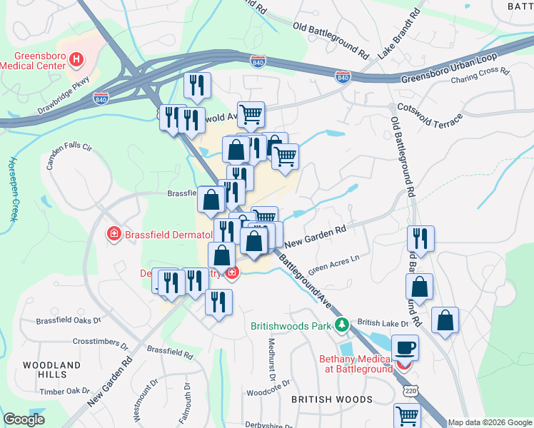 map of restaurants, bars, coffee shops, grocery stores, and more near 3785 Greenes Crossing in Greensboro