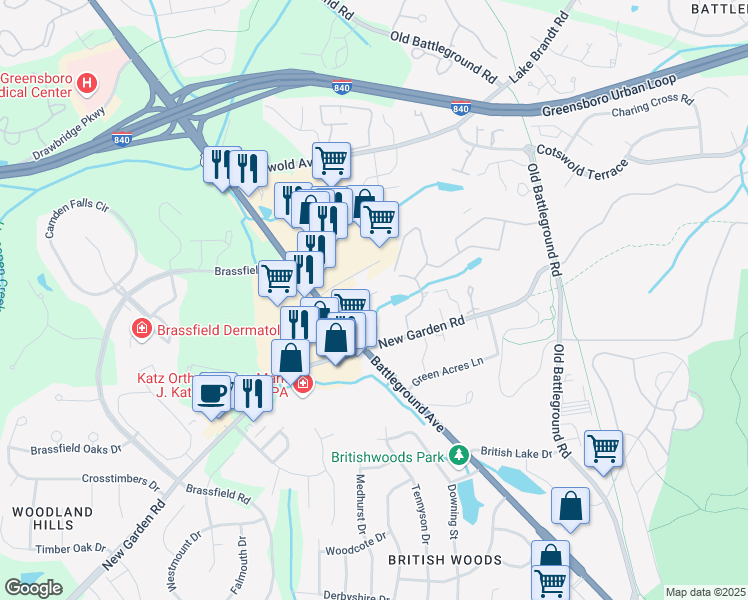 map of restaurants, bars, coffee shops, grocery stores, and more near 3740 Greenes Crossing in Greensboro
