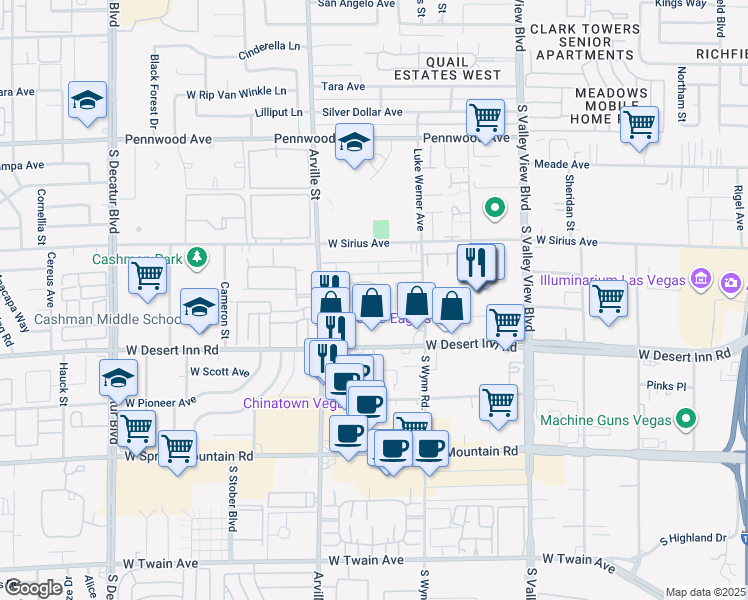 map of restaurants, bars, coffee shops, grocery stores, and more near 3200 South Arville Street in Las Vegas