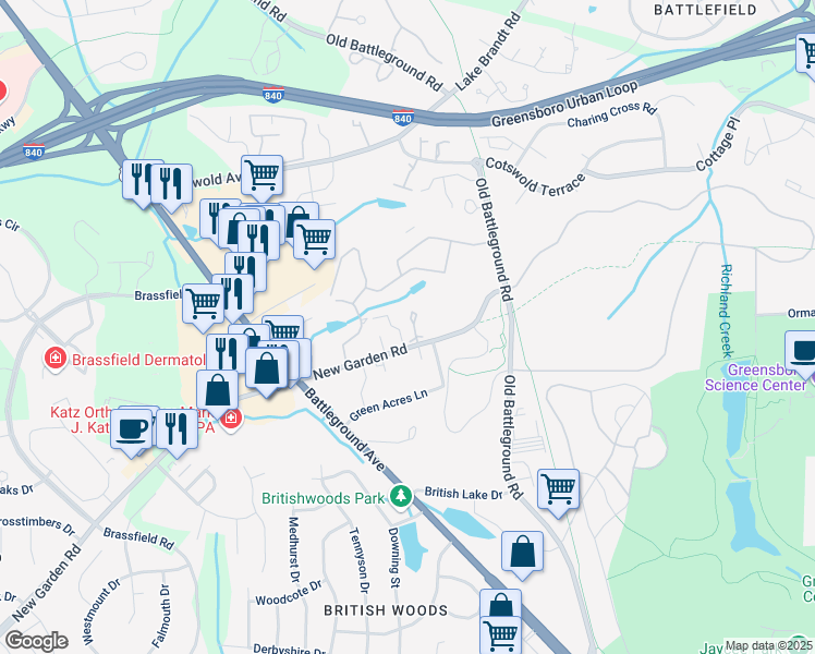 map of restaurants, bars, coffee shops, grocery stores, and more near 2225 New Garden Road in Greensboro