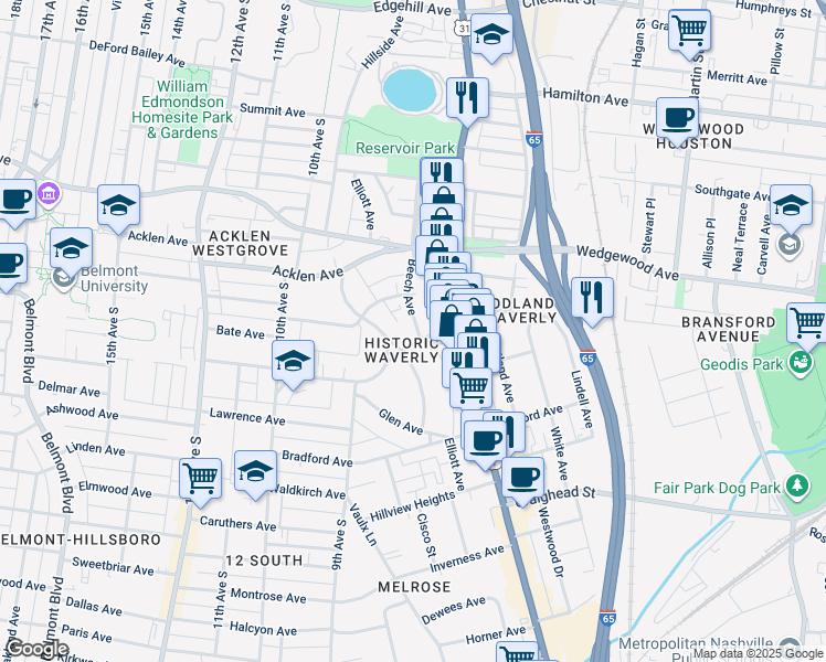 map of restaurants, bars, coffee shops, grocery stores, and more near 2023 Beech Avenue in Nashville