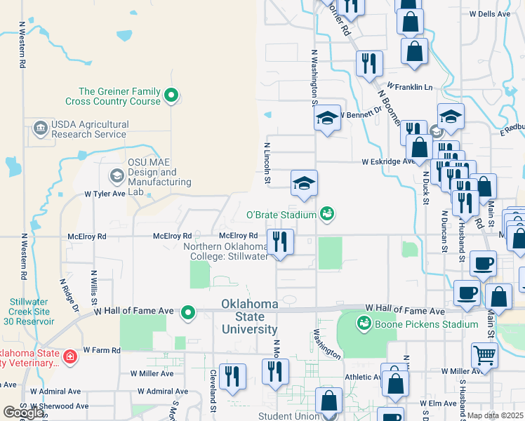 map of restaurants, bars, coffee shops, grocery stores, and more near 1110 West Tyler Avenue in Stillwater