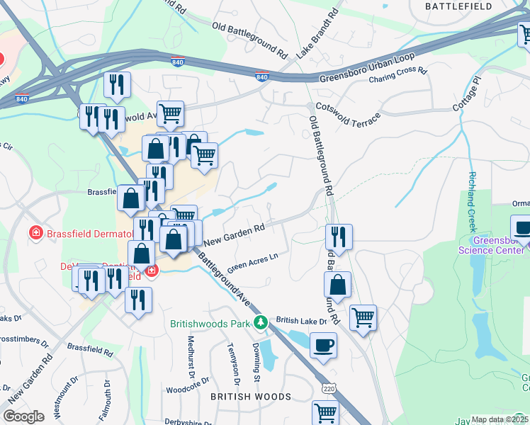 map of restaurants, bars, coffee shops, grocery stores, and more near 2215 New Garden Road in Greensboro