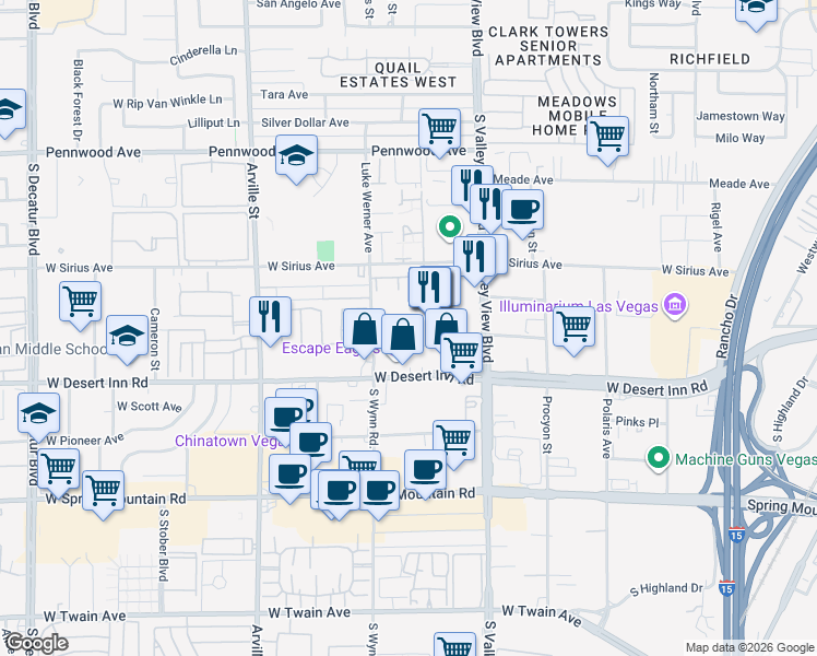 map of restaurants, bars, coffee shops, grocery stores, and more near 3120-3200 South Wynn Road in Las Vegas