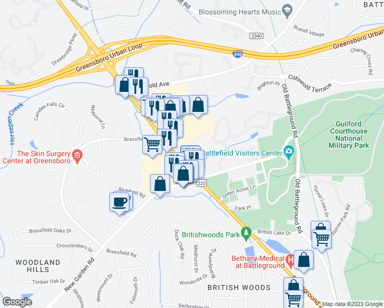 map of restaurants, bars, coffee shops, grocery stores, and more near 3785 Greenes Crossing in Greensboro