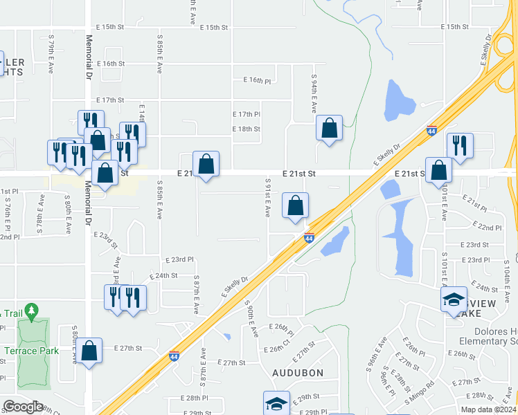 map of restaurants, bars, coffee shops, grocery stores, and more near 1182 North 66th East Avenue in Tulsa