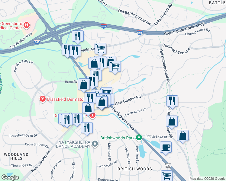map of restaurants, bars, coffee shops, grocery stores, and more near 3740 Greenes Crossing in Greensboro