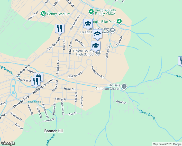 map of restaurants, bars, coffee shops, grocery stores, and more near 121 Tennessee Road in Erwin