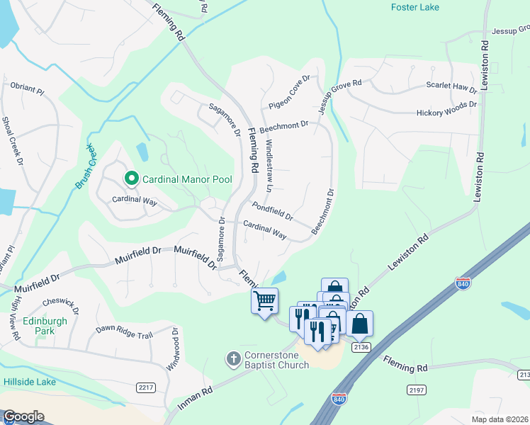 map of restaurants, bars, coffee shops, grocery stores, and more near 5405 Pondfield Drive in Greensboro