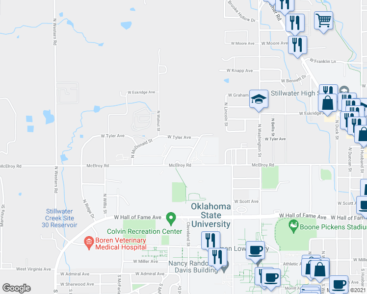 map of restaurants, bars, coffee shops, grocery stores, and more near Willham Avenue in Stillwater