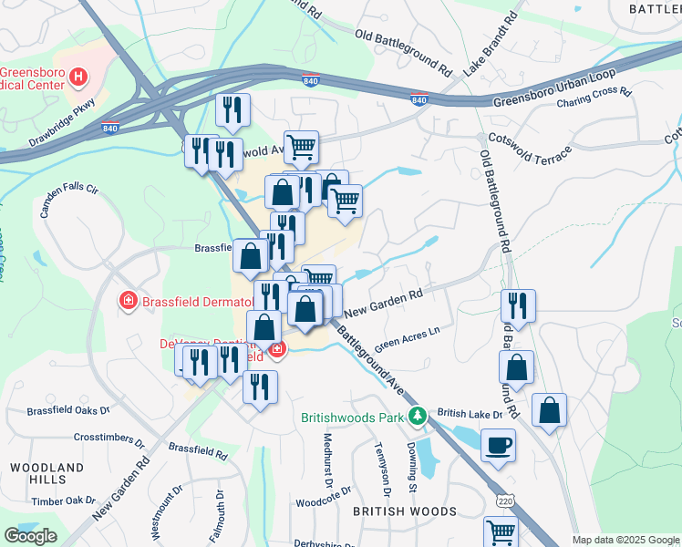 map of restaurants, bars, coffee shops, grocery stores, and more near 3742 Greenes Crossing in Greensboro