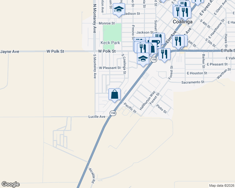 map of restaurants, bars, coffee shops, grocery stores, and more near 625 South Coalinga Street in Coalinga