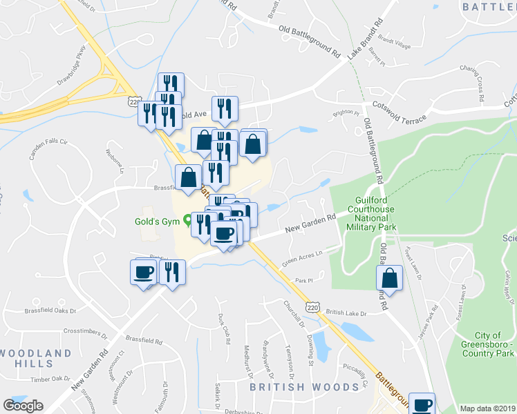 map of restaurants, bars, coffee shops, grocery stores, and more near 3746 Greenes Crossing in Greensboro