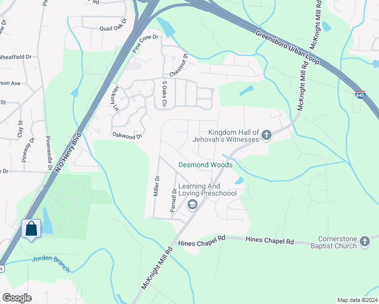 map of restaurants, bars, coffee shops, grocery stores, and more near 304 Hidden Timber Lane in Greensboro