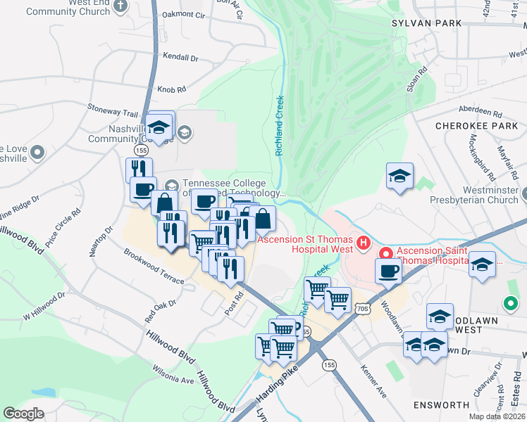 map of restaurants, bars, coffee shops, grocery stores, and more near 4487 Post Place in Nashville