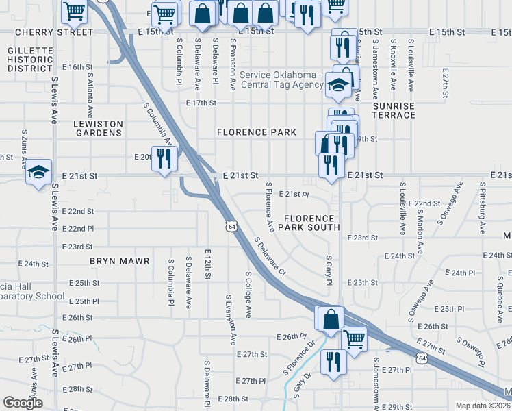 map of restaurants, bars, coffee shops, grocery stores, and more near 2840 East 21st Place in Tulsa