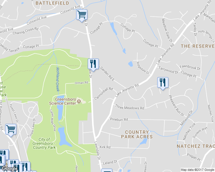 map of restaurants, bars, coffee shops, grocery stores, and more near 2312 Cannonball Road in Greensboro