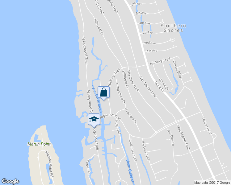 map of restaurants, bars, coffee shops, grocery stores, and more near 251 Woodland Drive in Kitty Hawk