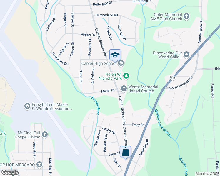 map of restaurants, bars, coffee shops, grocery stores, and more near 3510 Carver School Road in Winston-Salem