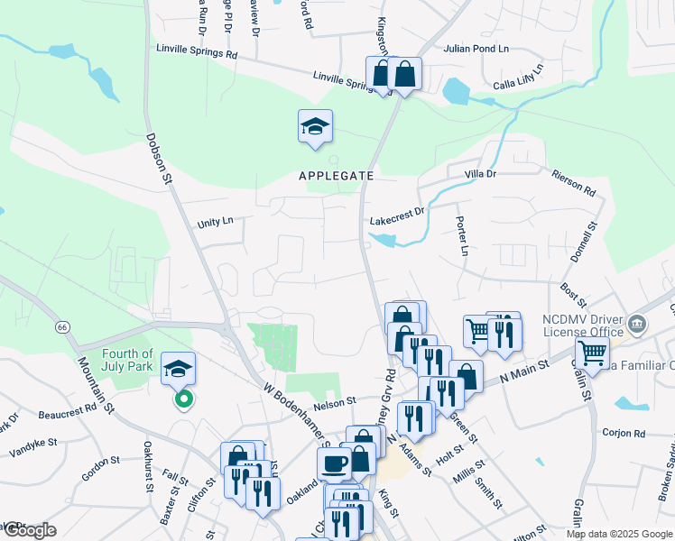 map of restaurants, bars, coffee shops, grocery stores, and more near 614 Farmwood Drive in Kernersville