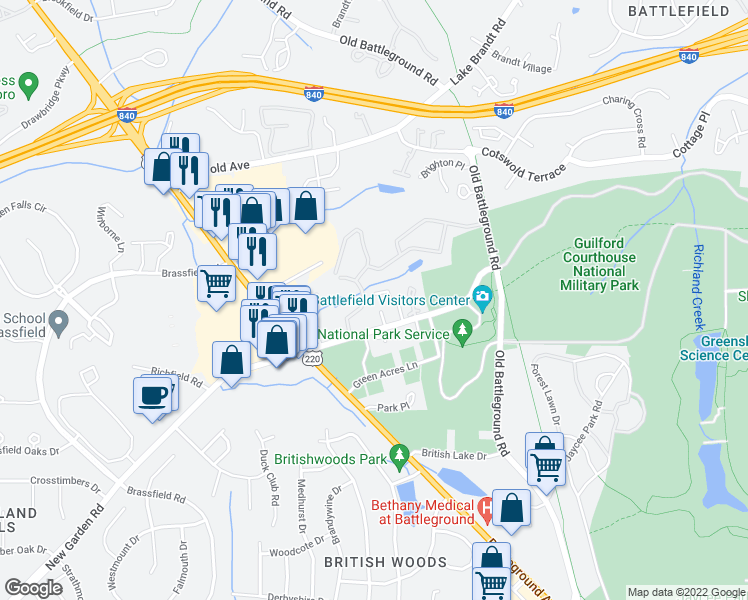 map of restaurants, bars, coffee shops, grocery stores, and more near 3939 New Garden Park in Greensboro