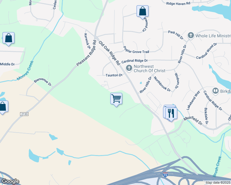 map of restaurants, bars, coffee shops, grocery stores, and more near 7009 Pawnee Road in Greensboro