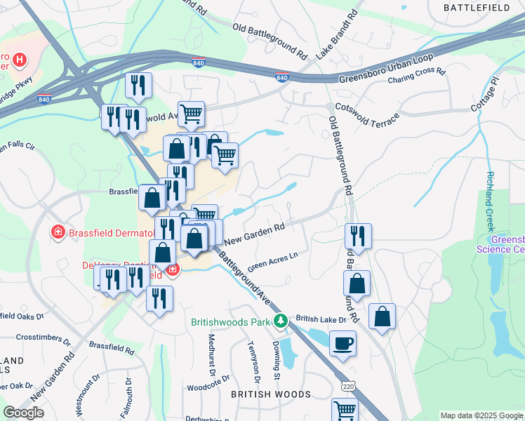 map of restaurants, bars, coffee shops, grocery stores, and more near 3939 New Garden Park in Greensboro