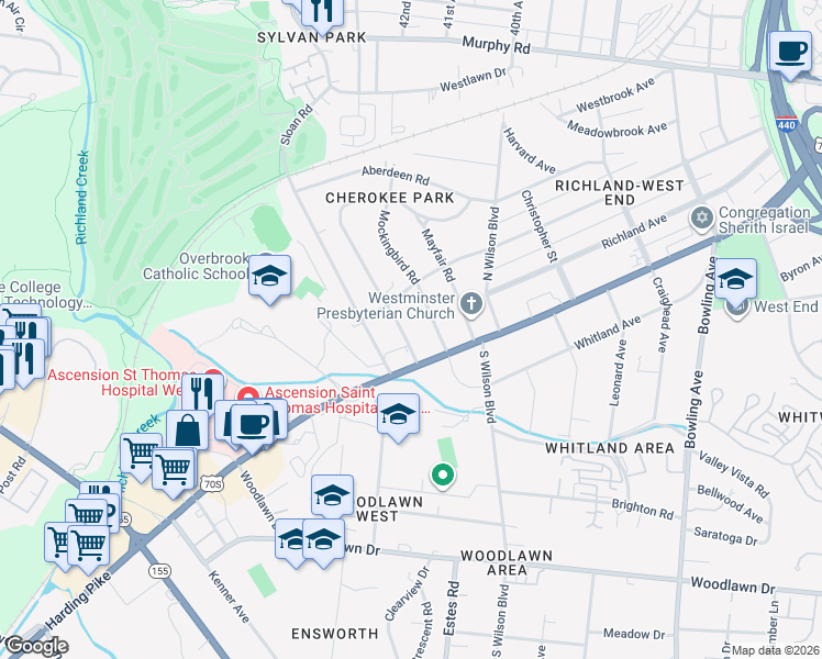 map of restaurants, bars, coffee shops, grocery stores, and more near 107 Mockingbird Road in Nashville