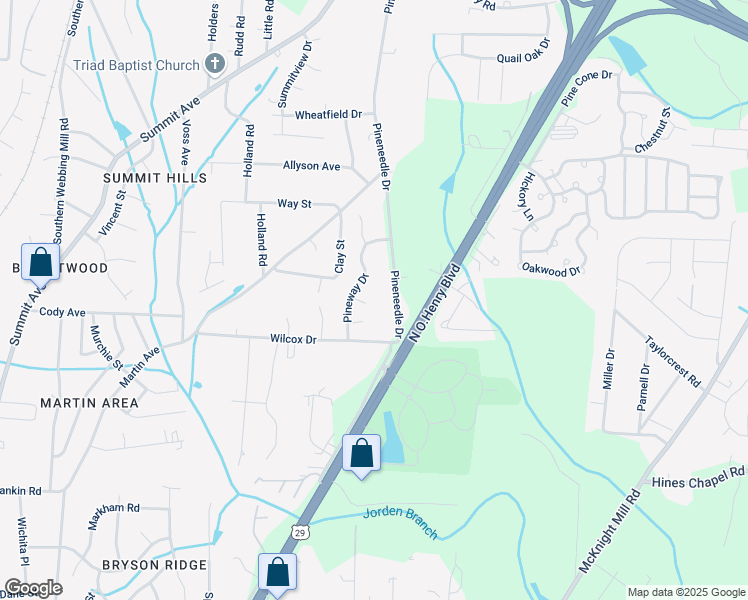map of restaurants, bars, coffee shops, grocery stores, and more near 7 Pineway Court in Greensboro