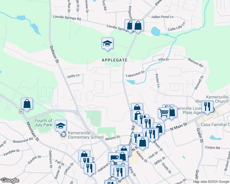 map of restaurants, bars, coffee shops, grocery stores, and more near 614 Farmwood Drive in Kernersville
