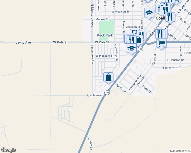 map of restaurants, bars, coffee shops, grocery stores, and more near 675 South Monterey Avenue in Coalinga