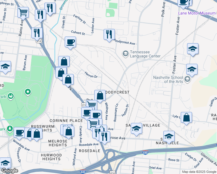 map of restaurants, bars, coffee shops, grocery stores, and more near 1908 Hutton Drive in Nashville