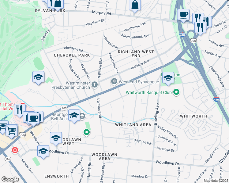 map of restaurants, bars, coffee shops, grocery stores, and more near 3803 West End Avenue in Nashville