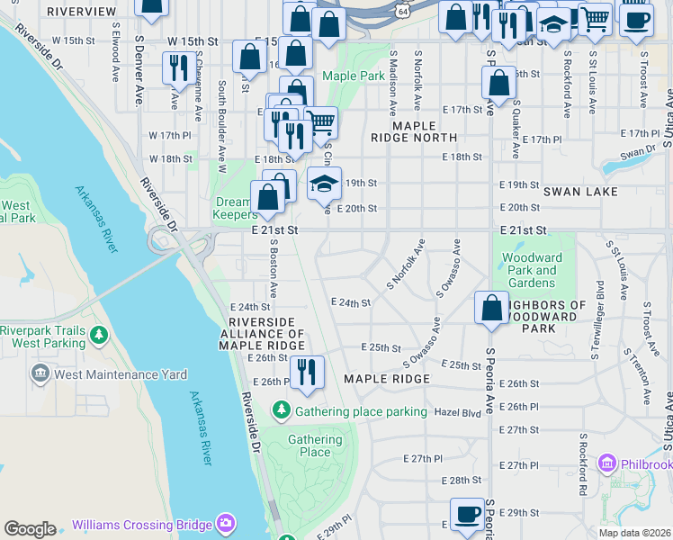 map of restaurants, bars, coffee shops, grocery stores, and more near 212 Sunset Drive South in Tulsa